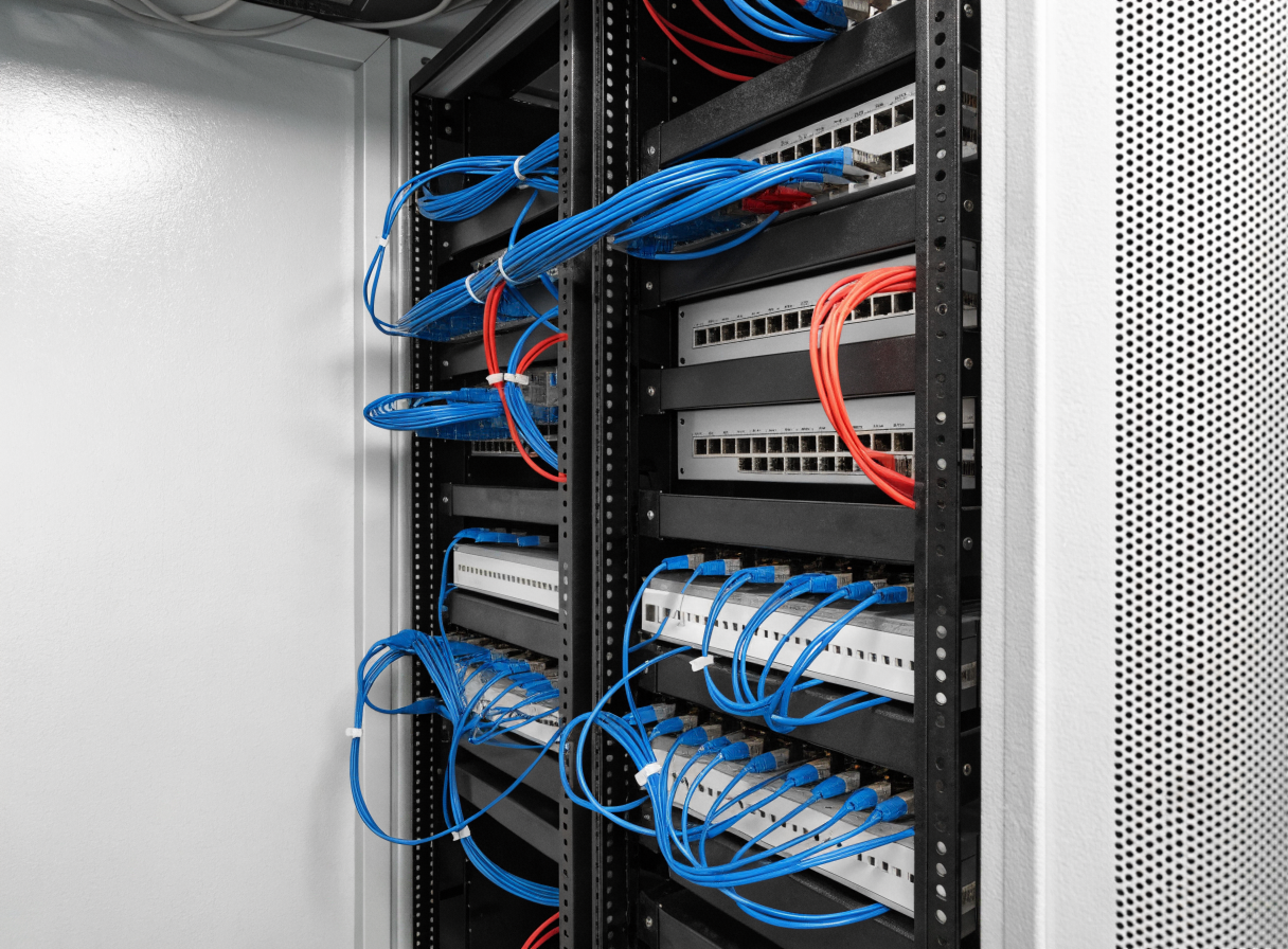 Professional network rack with organized structured cabling installed by M&M Supertech