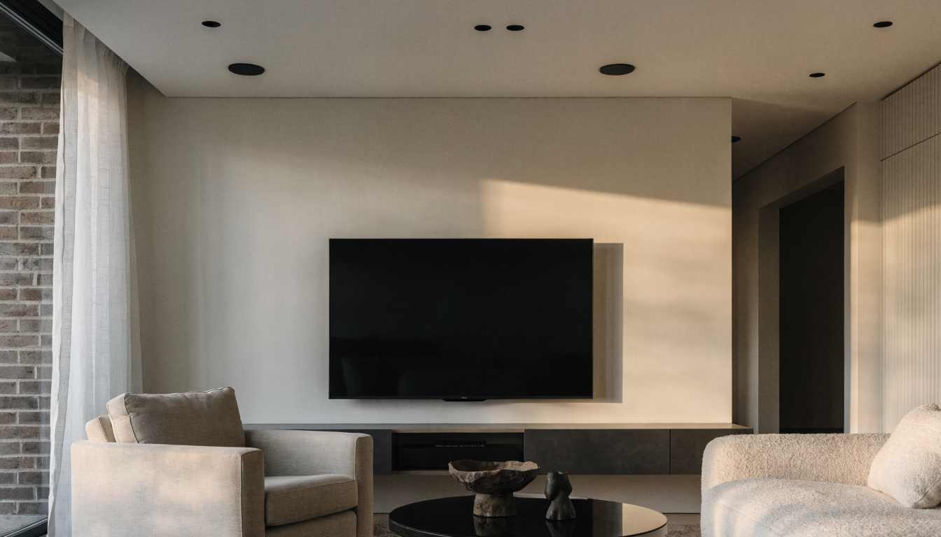 Clean wall-mounted television with hidden wiring in a modern Houston living room installed by M&M Supertech